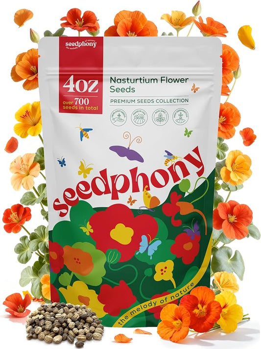 Seedphony Nasturtium Seeds Pack 4 oz - 700 Non-GMO Heirloom Nasturtium Seeds for Planting, Perennial Flowers in Waterproof Seed Packet, Wildflower Seeds for Planting Garden Indoor & Outdoor Gardening