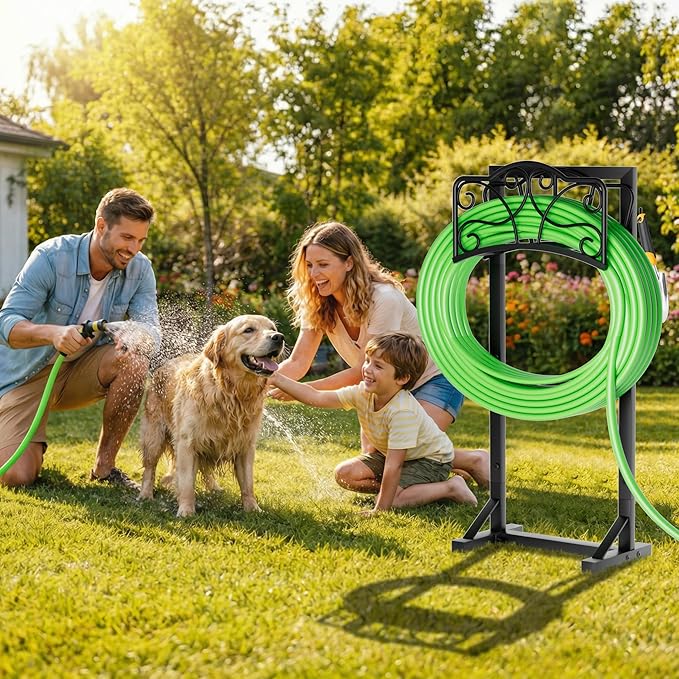 Heavy-Duty Garden Hose Holder with Tool Hooks and Stable Base, Metal Hose Hanger Garden Hose Storage Holds 160Ft, Rustproof Freestanding Water Hose Holder for Outside, Yard, Lawn, Farm