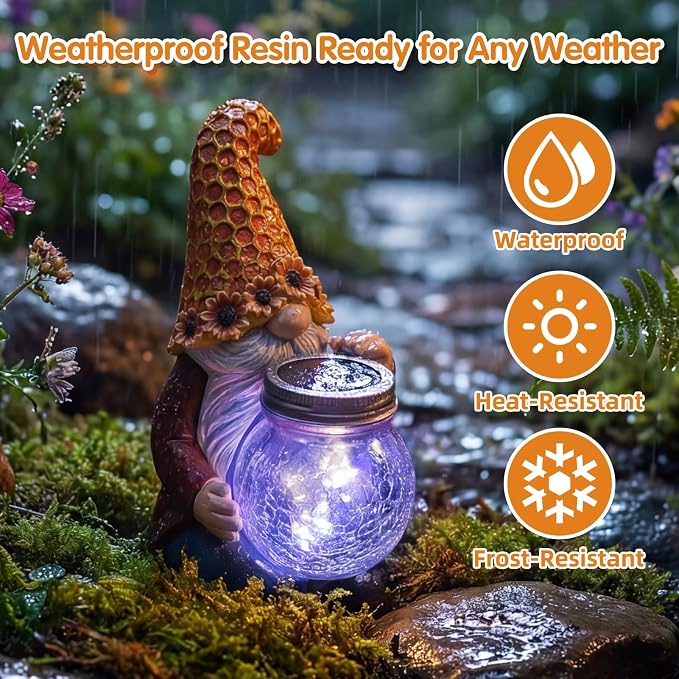 Lyeasw Solar Gnome Decor with Honeycomb Lantern, Outdoor Garden Decor | 10 Inch Resin Figurine with LED Glow, Weather Resistant Garden Accent for Patio, Porch, Yard & Gift for Garden Lovers