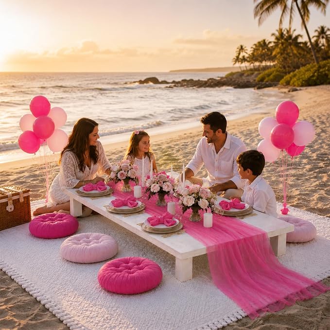 Cinrobiye Boho Picnic Party Set for Outdoor, Aesthetic Picnic Setup with Large Picnic Blanket, Floor Cushions, Table Runner, Napkins, Balloons for Wedding, Bridal Shower, Birthday (Pink)