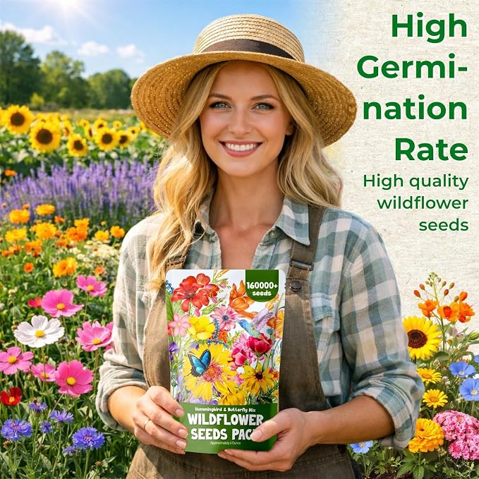 160,000+ Wildflower Seeds Bulk for Planting(4oz) – 13 Varieties Perennial & Annual Mix, Attract Bees, Butterflies & Hummingbirds, High Germination for Pollinator Garden, Gift for Woman