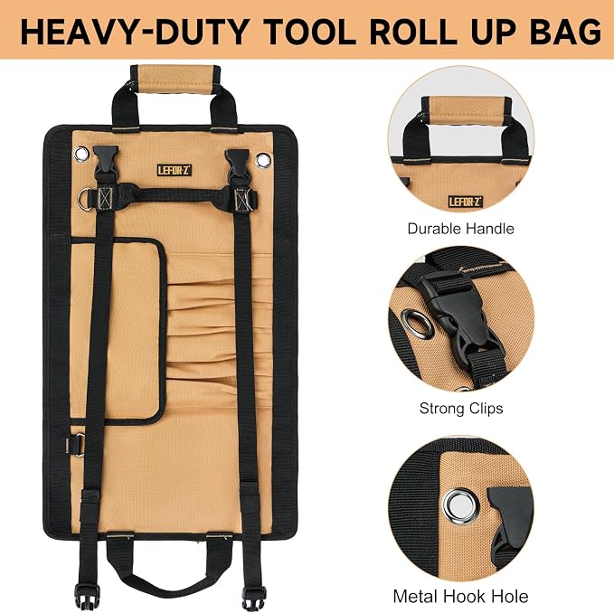 Tool Bag,Large Roll Up Tool Bag Organizer,13 Pockets Tool Roll Storage Pouch,Heavy Duty Portable Tool Storage Carrier Bag for Men,Mechanic,Electrician,Valentines Day Gifts for Men,Brown