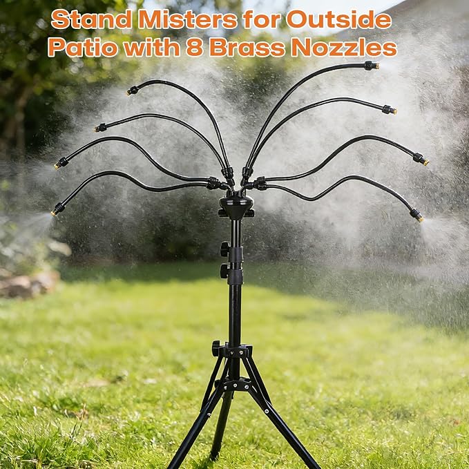 Upgraded Standing Misters for Outside Patio, Adjustable 5.3 FT Stand Misting System with 8 Heavy Duty Brass Nozzles, UV-Proof Water Mister for Outdoor Cooling, Poolside & Backyard