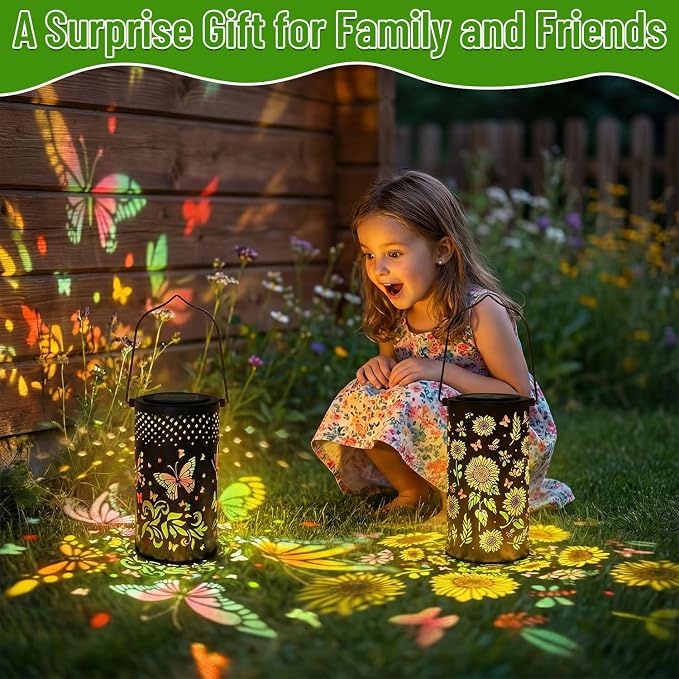 2 Pack Colorful Solar Lanterns Outdoor Waterproof - [Sunflower + Butterfly] - Decorative Outdoor Solar Hanging Lanterns for Porch Courtyard Table Path Garden Decor, Gifts for Mom Wife Grandma Women