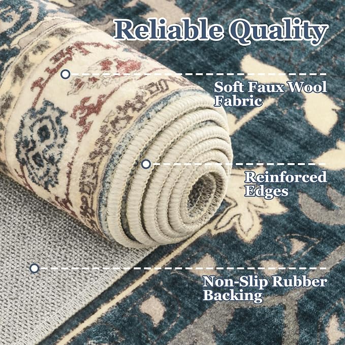 Vintage Distressed 8x10 Rugs for Living Room Bedroom, Washable Non Slip Dining Room Rugs for Under Table, Low Pile Thin Soft Carpet Farmhouse Dark Medallion Printed, Deep Blue/Multi