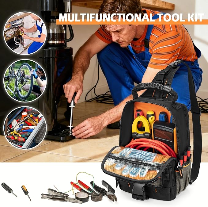 Electrician Tool Pouch Bag, Zippered HVAC Tool Organizer | Heavy-Duty Canvas Fabric, Ergonomic Handle, Removable Shoulder Strap, Ideal for Maintenance Repair Technician