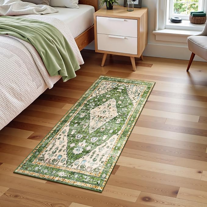 Lahome Felice Boho Tribal Runner Rug - 2x4.3 Green Bohemian Kitchen Runners Small Bedroom Rugs, Distressed Soft Washable Non Slip Throw Carpet Runner for Door Mat Laundry Room Bathroom Office Decor