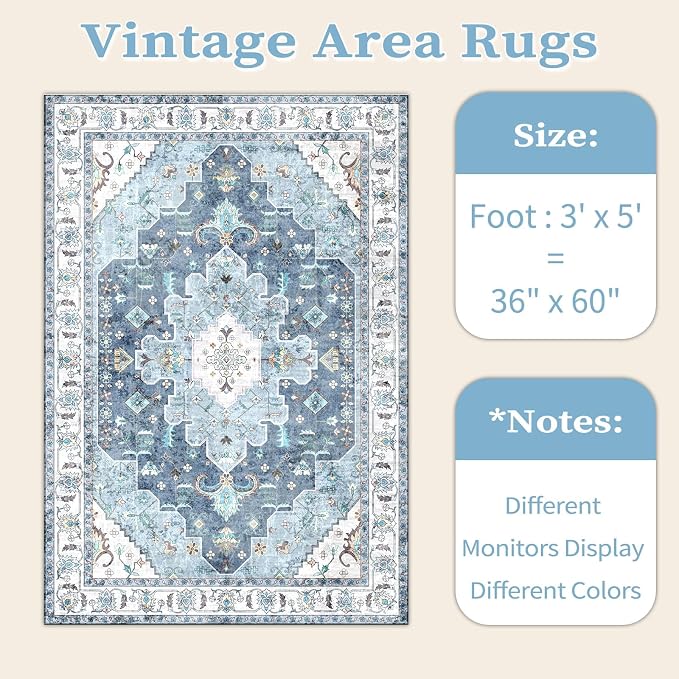 SERISSA 3x5 Washable Non Slip Boho Area Rug for Bedroom | Ultra Soft Vintage Oriental Carpet Low-Pile Distressed Blue Throw Rug Carpet for Living Room Nursery Kitchen Dorm Decor