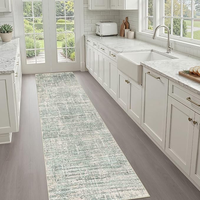 LOONGRUG Runner Rug 3x10 Machine Washable Non-Slip Neutral Rug Sage Green | Abstract Soft Stain Resistant Indoor Accent Throw Carpet for Hallway Kitchen Bathroom Laundry Room Bedroom