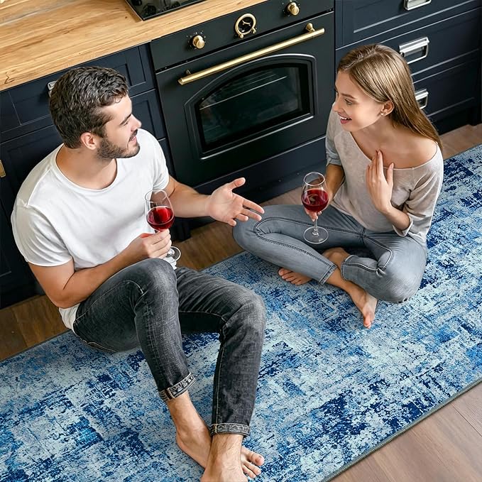 Toneed Washable 2x6 Non-Slip Abstract Runner Rug for Hallway Kitchen | Soft Modern Low Pile Area Rugs for Bedroom Laundry Living room,Indoor Carpet for Bedside Home Decor, Denim Blue