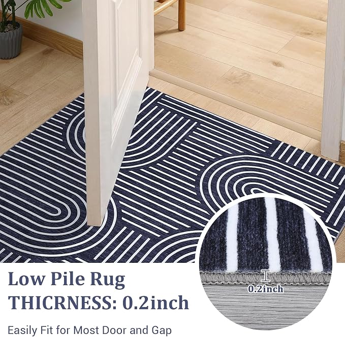 ROYHOME Modern Washable Rug 5x7 Area Rugs for Living Room Non Slip, Blue | Abstract Rug for Bedroom, Rainbow Throw Rugs with Rubber Back, Low Pile Stain Resistant Boho Geometric Carpet for Dining Room