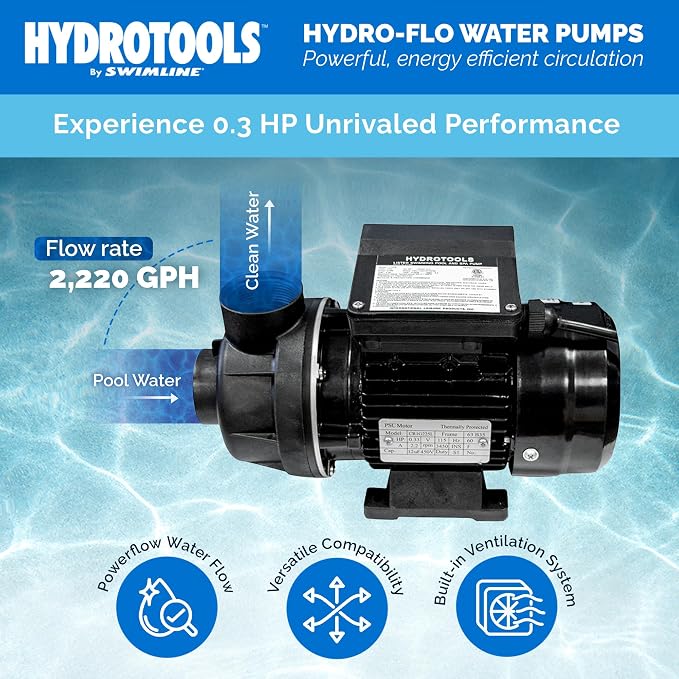 SWIMLINE HYDROTOOLS Above-Ground Pool Motor Pump, Hydro-Flo 0.3 HP w/ 2220 GPH, Vertical | Above-ground Pool Pump, 0.3 HP, 2, 220 GPH, Vertical Discharge, 115V, Single-speed, DOE-certified For Small Sand Filters