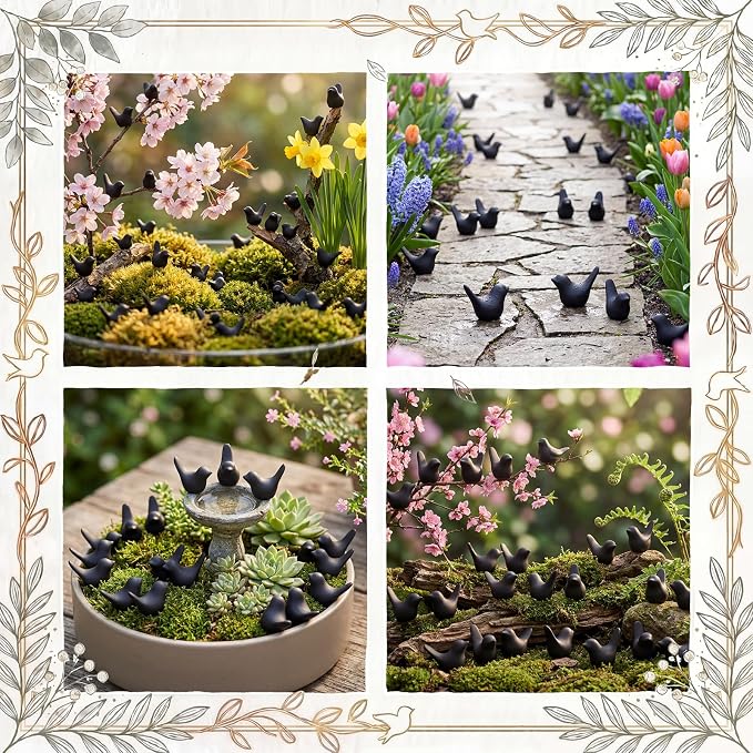 Sieral 100 Pcs Black Mini Bird Figurines Miniature Resin Bird Statues Small Animal Statues Fairy Garden Accessories for Micro Garden Landscape Dollhouse Cake Potted Plants DIY Craft, 0.59" x 0.67"