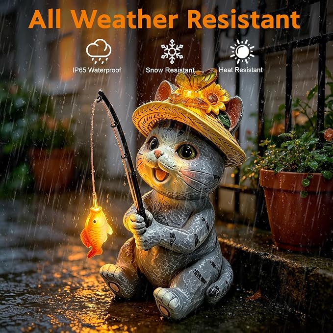 VOOKRY Cat Garden Statues, Outdoor Fishing Cat with Solar Lights Waterproof | Birthday Gifts for Cat Lovers Mom Women Christmas, Cat Figurines Garden Decor, Yard Decorations Patio Porch Lawn Ornaments