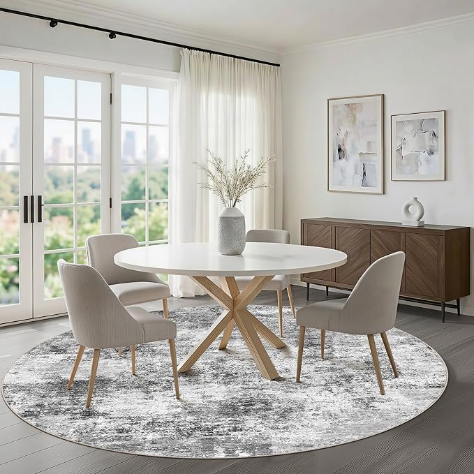 LOONGRUG Round Rug 8x8 Washable Neutral Modern Living Room Rug Black Gray | Circle Large Abstract Soft Stain Resistant Indoor Non-Slip Carpet for Bedroom Nursery Kids Office Playroom Dining Room
