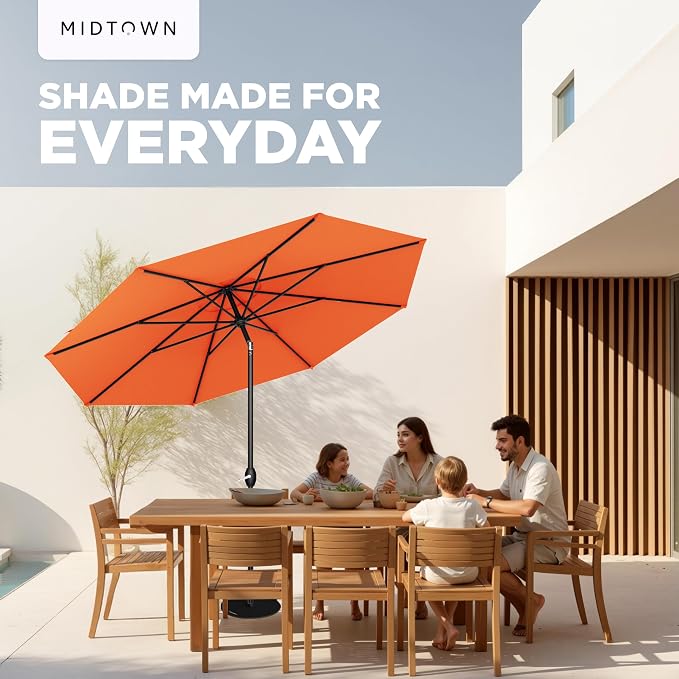 Midtown Umbrellas - 10-Year-No-Fade 9 Ft Patio Umbrella with Terylast Fabric, Auto-Tilt Aluminum Frame and 8 Reinforced Ribs for Deck, Pool, Garden & Beach - Tangerine Canopy, Black Pole
