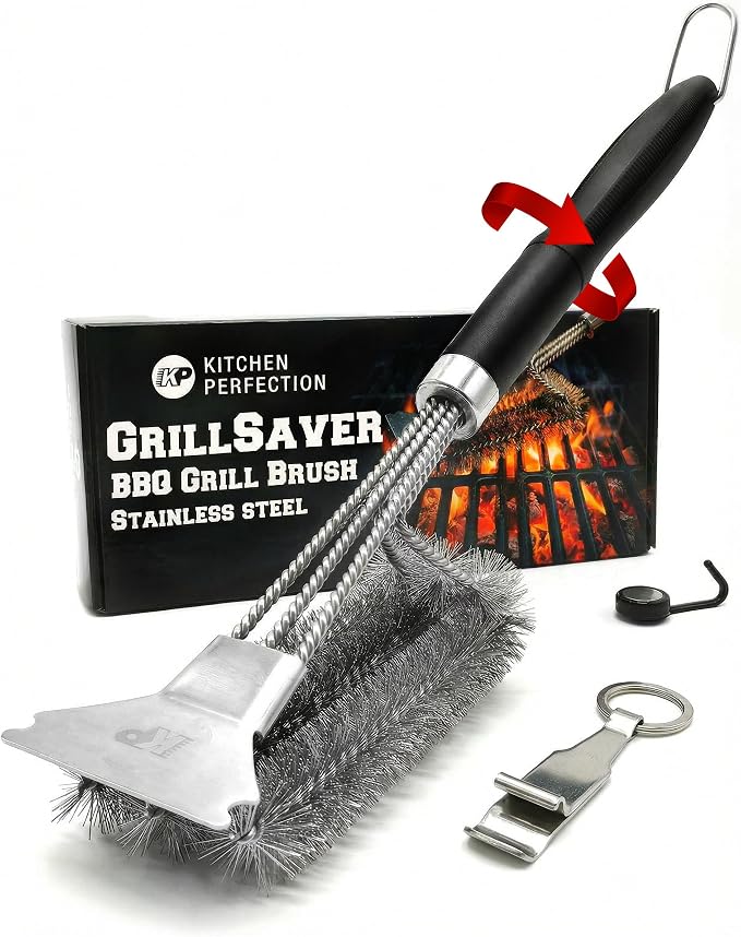Kitchen Perfection BBQ Grill Brush & Scraper for Outdoor Grill - GrillSaver | Grill Cleaning Kit -Safe Wire Brush with Replaceable Head, Magnetic Hanger, Bottle Opener & Ebooks Full of Grilling Recipes