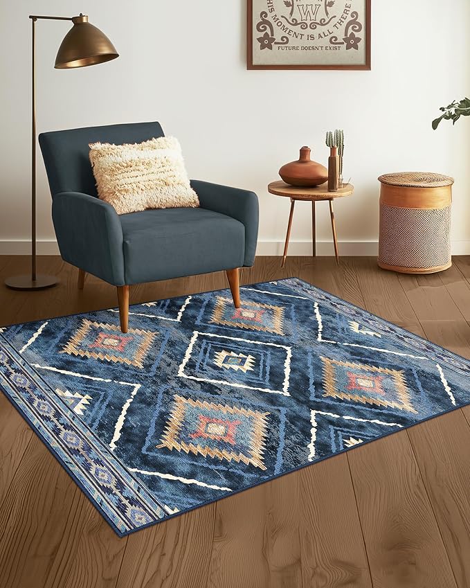 Area Rug 2x3 Rug Machine Washable Non-Slip Low Pile Print Pattern Western Rug for Living Room Bedroom Entryway Tribal Series -Darkblue | Soft Western No Slip Low Pile Print Foldable Indoor Small Rug for Kitchen entrance entryway doormat