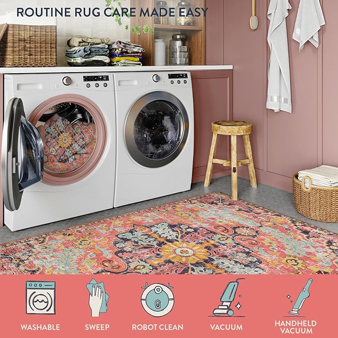 Lahome Reine Bohemian Floral Medallion Runner Rug, 2x4 Pink Bathroom Rug Runner, Machine Washable Non-Slip Hallway Mat Indoor Laundry Carpet Runners for Kitchen Living Bedroom, Fuchsia/Multi