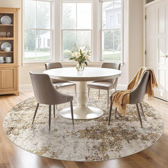 DMOYEST 8ft Round Area Rug for Living Room Washable Non Slip Circle Rug | 8x8 Neutral Modern Abstract Low Pile Rugs Kid & Pet Friendly Soft Carpet for Bedroom Dining Room - Light Brown