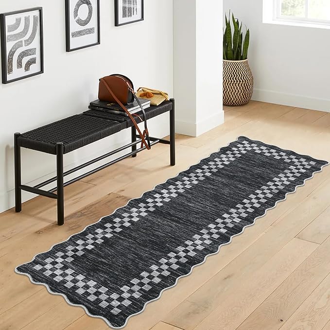 GarveeHome Rug Runners for Hallways 2x8 Washable Kitchen Runner Rug | Non Slip Low Pile Throw Carpet Modern Bordered Runners Checkered Area Rug for Living Room Bedroom Entryway Nursery, Grey