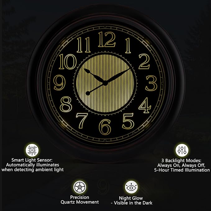 Retro Large Illuminated Outdoor & Indoor Wall Clock 18 Inch, Glow in The Dark Classic Clock with Smart Light Sensor Battery Operated, Vintage Night Light Clocks for Patio Garden Home Porch Pool