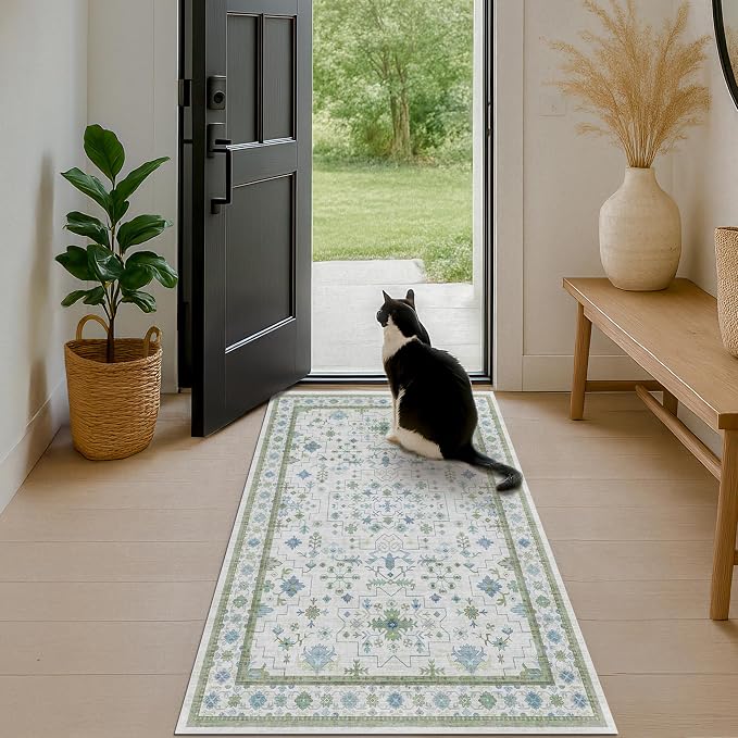 Blue and Green Washable Rugs 3x6 - Vintage Boho Floral Pastel Cream, Washable Low Pile Non Slip Small Throw Accent Area Rug for Entry Way, Laudry Room, Kitchen, Bedroom Beside Bed Decor