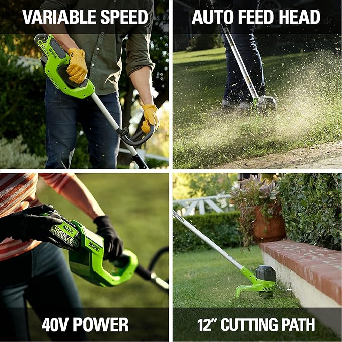 Greenworks 40V 20" Cordless Pole Hedge Trimmer and 40V 12" String Trimmer, (1) 2.0Ah Battery and Charger Included