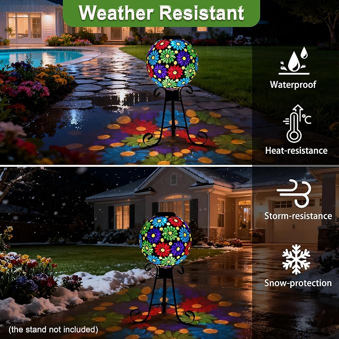 SAVENNA Mosaic Solar Gazing Ball 10 Inch,Glass Garden Globe with Auto On/Off for Yard, Lawn & Outdoor Decor,Multi-Color