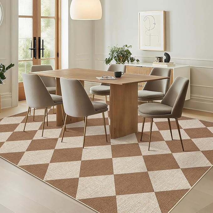 GarveeHome Checkered Easy Jute 5x7 Area Rugs for Living Room Machine Washable Non-Slip Backing Stain Resistant Modern Indoor Outdoor Rugs for Farmhouse Dining Room Patio Brown