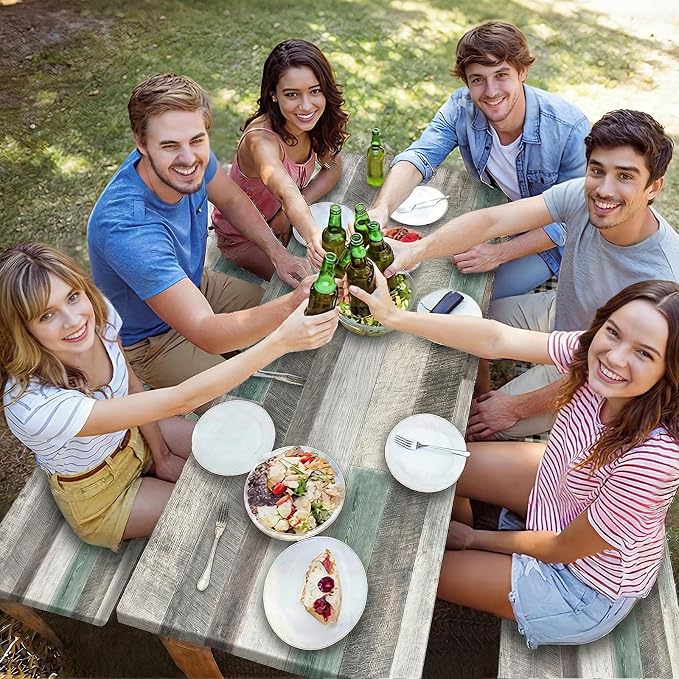 Picnic Table Cover with Bench Covers Elastic Edges Camping Essentials 4 Pcs Wood Grain Green Waterproof Oil-Proof Tablecloth with Handbag for RV Accessories Farmhouse Camping Rustic Party Decor 72 IN