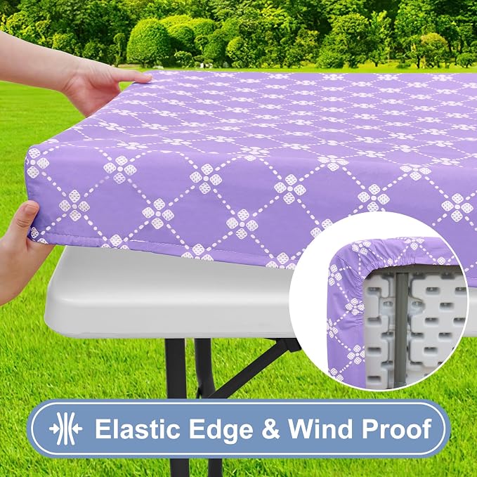misaya Rectangle Vinyl Table Cloth, Elastic Fitted Tablecloth with Flannel Backing, Waterproof Plastic Table Cover Fits 8 Foot Folding Tables for Picnic, Camping and Outdoor (Lavender, 30" x 96")