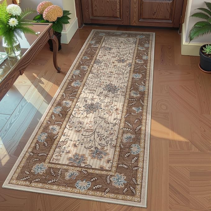 GarveeHome 2x6 Washable Runner Rug Brown Non Slip Kitchen Runner | Hallway Soft Botanical Floral Farmhouse Laundry Mat Stain Resistant Carpet for Bedroom Bathroom Bedside Rug
