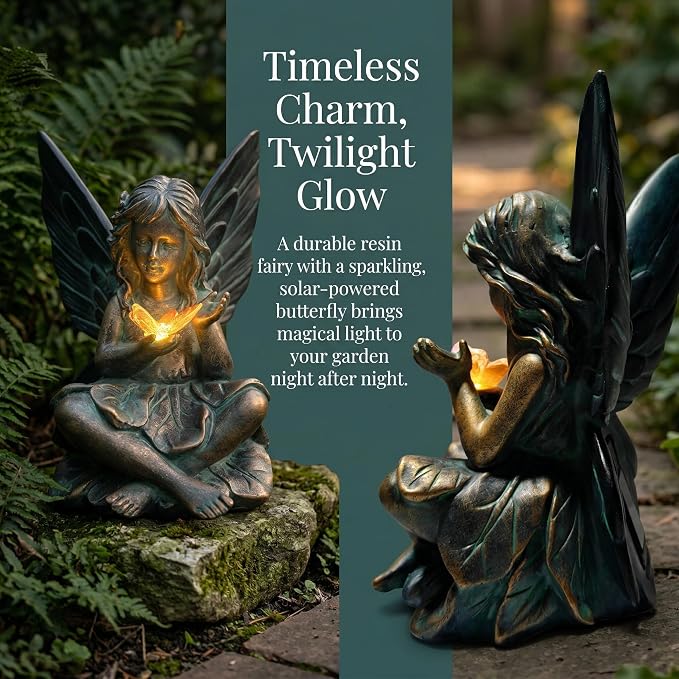 Oinas Solar Fairy Garden Statue Decor - Resin Fairy Figurines with Butterfly Light, 8.5 in Angel Fairy Outdoor Decor, Birthdays, Valentine's Day Garden Sculpture Gifts for Women