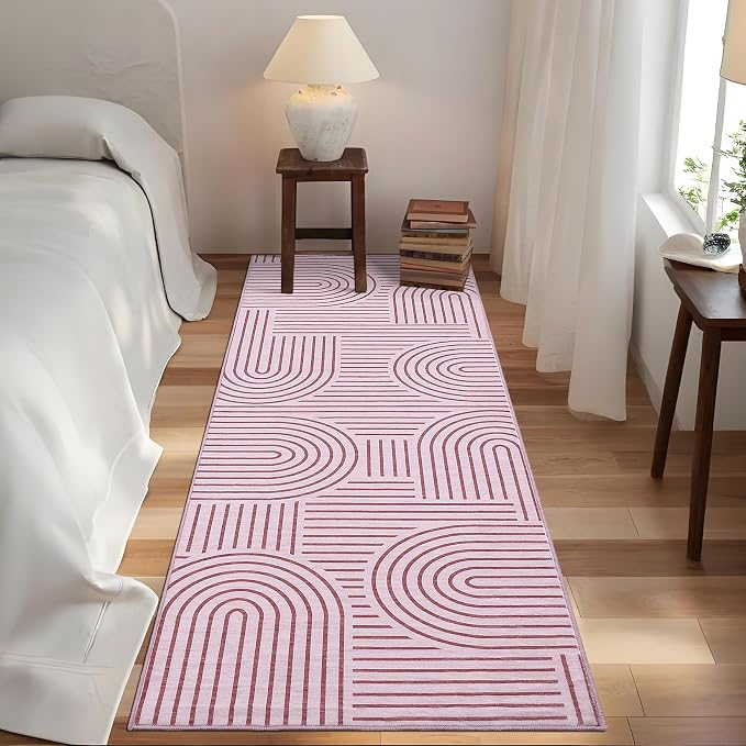 ROYHOME Modern 2x6 Hallway Runner Rug Non Slip Washable Kitchen Rug, Pink | Abstract Bath Mat, Rainbow Geometric Runners Rugs for Bedroom, Soft Long Rugs for Entryway Arch Pattern Bathroom Laundry Dorm