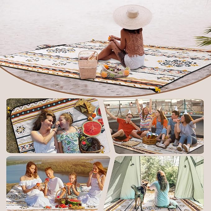 HAUSPROFI Extra Large Picnic Blanket 80"x80" – Waterproof Outdoor Mat for Beach, Camping, Park & Garden, Portable with Carry Strap & 4 Stakes, Machine Washable, Bohemian Pattern
