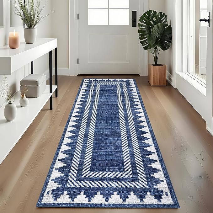 GarveeHome Modern Geometric Runner Rug 2x6 Washable Hallway Runner Bordered Neutral Bathroom Rug Non Slip, Non Shedding Stain-Resistant Kitchen Mat, Soft Low Pile Neutral Carpet for Laundry, Blue