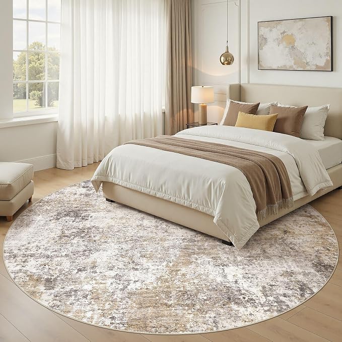 Nakagishi 8X8 Abstract Washable Area Rugs for Living Room-Golden Brown | Modern Non-Slip Silicone Backing Low Pile Soft Carpet for Bedroom Dining Decor for Families with Kids and Pets