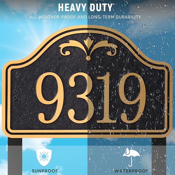 Personalized Lawn Address Plaque Sign with Stakes - House Address Signs for Outside Use for House,Apartment,Office,Yard (Black/Gold)