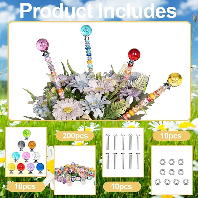 230Pcs Bubble Top Garden Stakes Kit, Crystal Wand Decor for Patio | 230pcs Set, 9.8" Steel Rods, 10.8" Assembled Height, Glass Bubble Tops, Acrylic Beads, For Pots Planters Patio Outdoor Decor