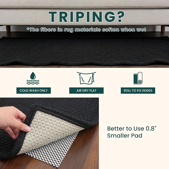 KOZYFLY Black 2x7 Washable Kitchen Runner Rug, Non Slip Runners for Hallway, Cotton Entryway Runner, Braided Floor Carpet for Entry, Kitchen, Bedside, Hall, Black/Dark Grey