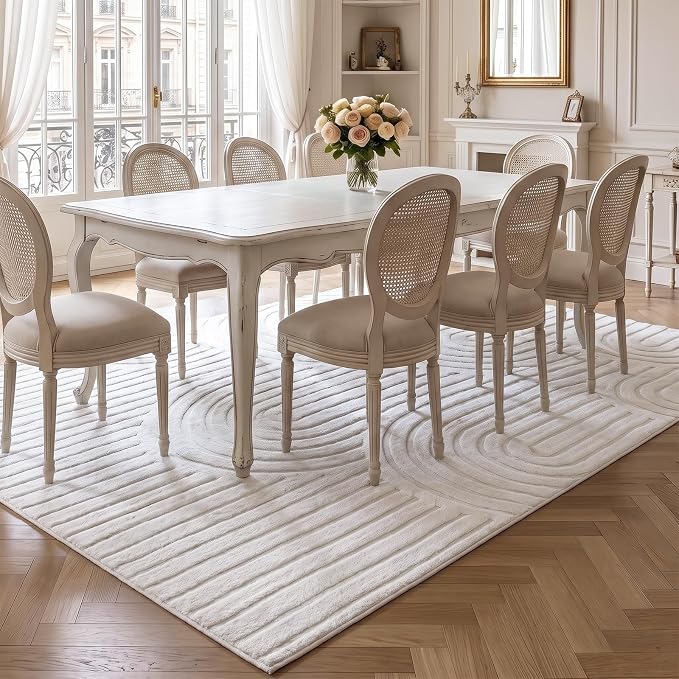 Washable 9x12 Area Rug, High Low Pile Cream Neutral Arch Textured Large Soft Carpet, Non-Slip Stain Resistant Rug for Living Room Bedroom Dining Room, Under Table Rug
