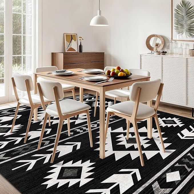 Western Area Rug 4x6 for Living Room, Southwestern Aztec Tribal Area Rugs Southwest Navajo Machine Washable Rug Non-Slip Printed Low-Pile Floor Carpet for Bedroom Dining Room Office, Black