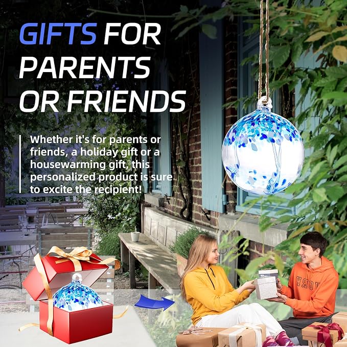 VOREEN 6" Hanging Glass Garden Gazing Ball Hand Blown Glass Witch Ball Christmas Ornament Friendship Balls for Outdoor Garden Patio Window Home Décor, Gift for Mom Wife Friend, Blue