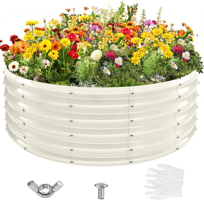 YSEJOMP 17" Tall Round Outdoor Garden Raised Garden Bed Kits-0.8MM Thick Metal Raised Planter Bed/Ground Planter Box for Variety of Flowers,Herbs,Vegetables,Trees (Cream White, 48 Dia X 16.5inches)