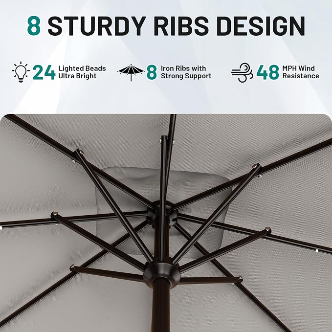 AreShark 8' X 10' Rectangular Patio Umbrella with Solar Lights, Lighted Solar Umbrella with Crank, Outdoor Table Umbrella for Garden, Deck, Backyard, Pool and Beach, Light Gray