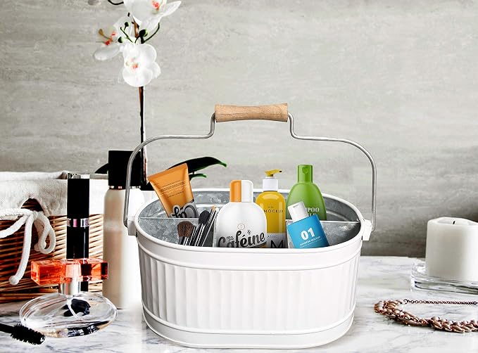Alpha Living Home Rustic Heavy Duty Alloy Multi-Compartment Silverware Caddy - Metal Utensil Versatile All-in-One Organizer for Kitchen, Bathroom & Office Utensils, Flatware, and Accessories (White)