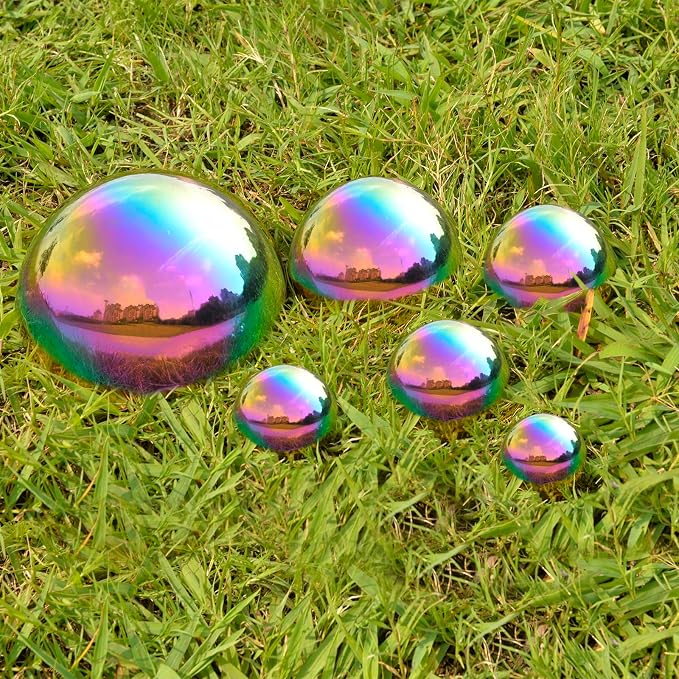Gazing Ball Garden Mirror Outdoor - Outside Decorative Globe, Rainbow, 6Pcs | Metal Polished Reflective Hemisphere, Stainless Steel Hollow Decoration Ornament, for Home Pond Swimming Pool Housewarming