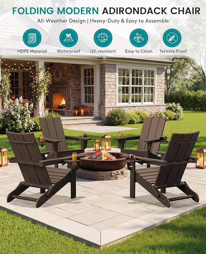 SERWALL Modern Folding Adirondack Chair Set with 9 Ft Umbrella, Folable Adirondack Chairs Set of 2 with Cup Holders, HDPE Fire Pit Chairs for Patio Lawn Garden, Coffee (Umbrella Base is not Included)