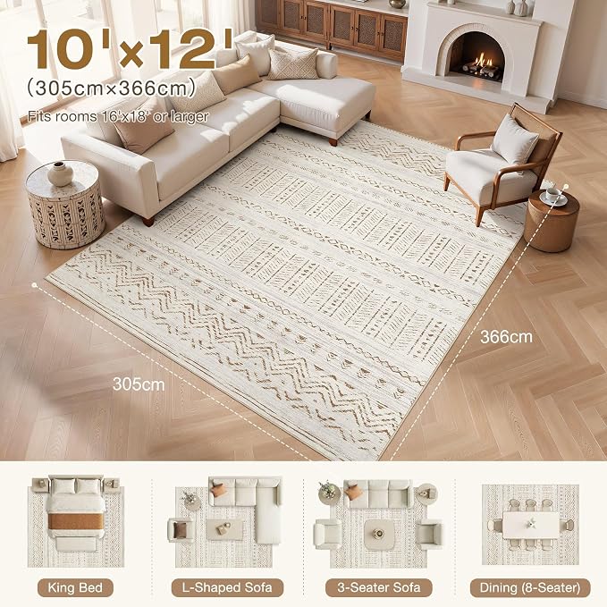 cotiled 10x12 Area Rugs Washable Boho Living Room Rug Brown/Cream | Stain Resistan Carpet for Bedroom Farmhouse Brown Cream
